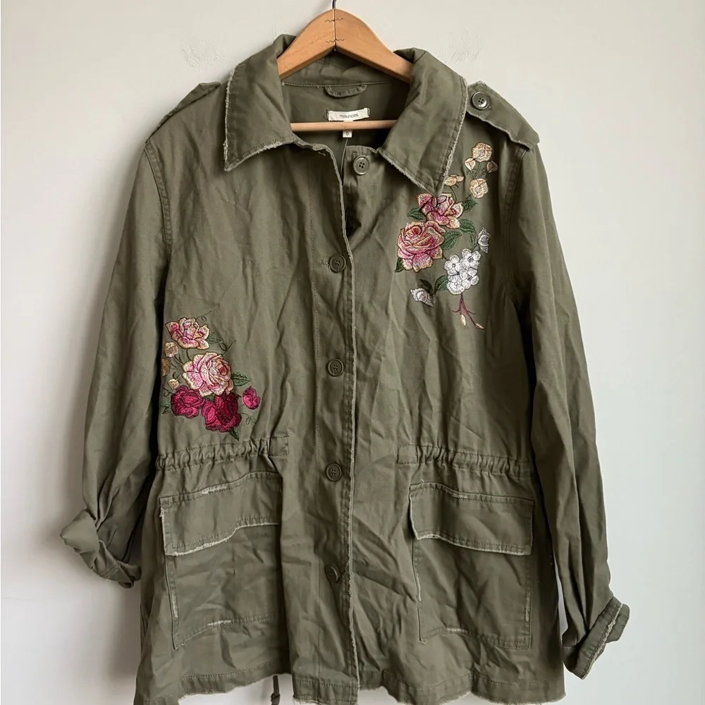 Maurices Floral Embroidered Olive Green Twill Jacket NEW